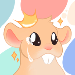 Icon of an adorable beige hamster, with a tear in its eye and a crown on its head, all set against a colorful background referencing the Dying Hamster Project