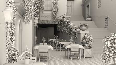 3D reproduction of a photo of a pathway with a restaurant named 'Cucina'