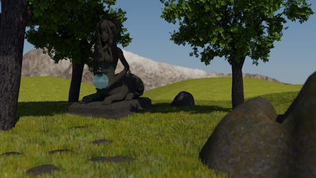 3D rendering of a scene featuring a centaur statue holding a crystal ball in its hands, surrounded by nature