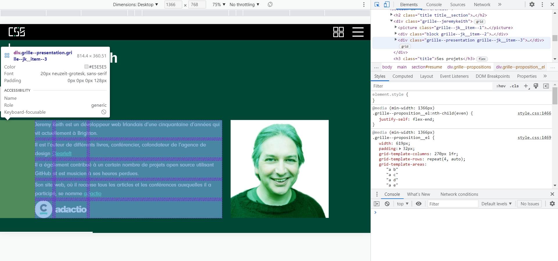 Capture d'écran de l'inspecteur de Chrome montrant une grille utilisée dans la section Jeremy Keith.
