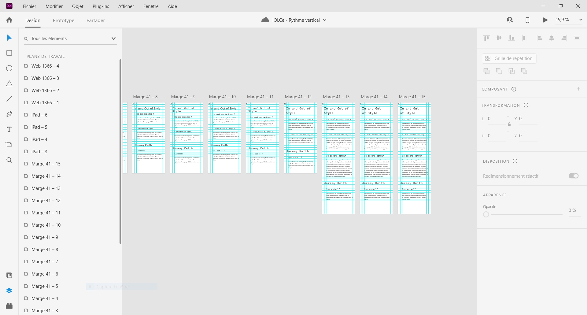 Capture d'écran du document Adobe xD où l'on voit qu'énormément de tests de rythme vertical ont été faits.