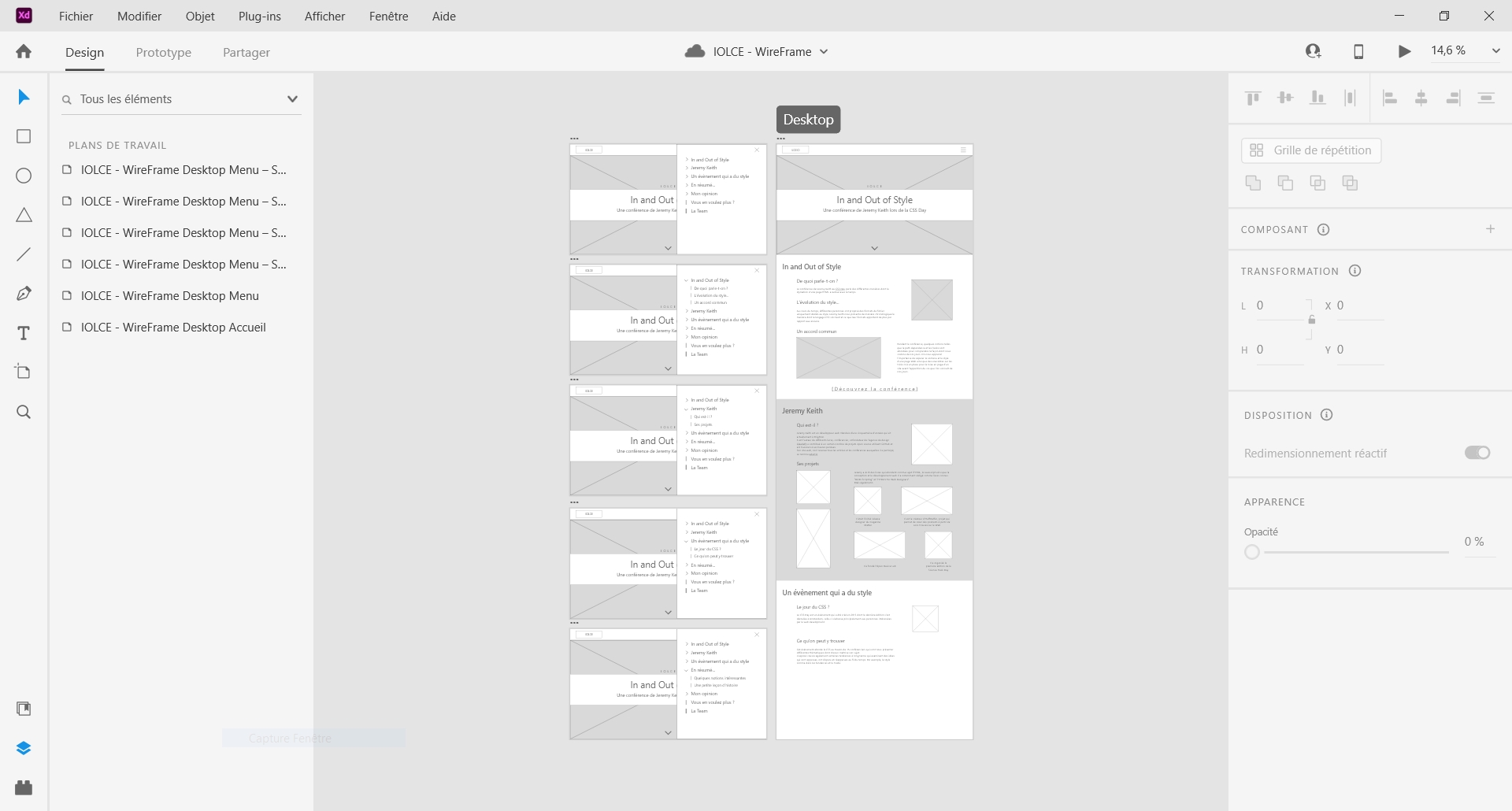 Capture d'écran du wireframe digital réalisé sur Adobe xD.