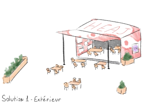 Croquis d'un container aux couleurs de l'école avec une face ouverte verticalement (2 barres tiennent les extrémités du bas en l'air), des chaises et bancs scolaires sont disposés à l'intérieur et l'extérieur du container. Il y a quelques bacs de plantes en bois fixe. A l'intérieur du container une face est dédiée à l'affichage des travaux réalisés des différentes options, à l'extérieur est affiché un plan de l'école.