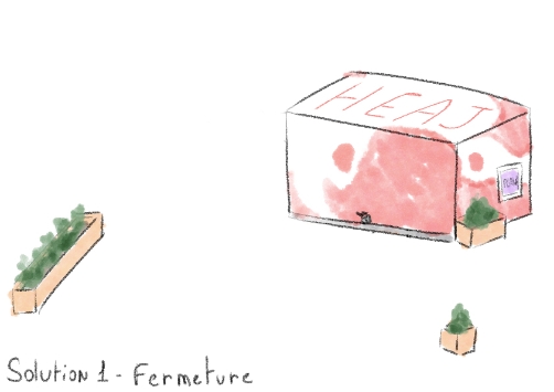 Croquis du même container mais cette fois-ci fermé, les chaises et les bancs ont été stockés dans le container verrouillé. Il est toujours possible de voir le plan qui est affiché sur un flan extérieur du container.