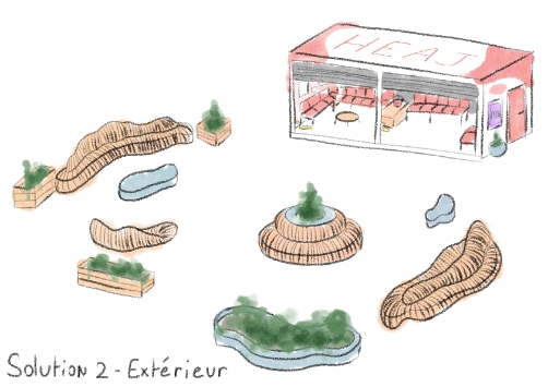 Croquis de l'extérieur d'un container aux couleurs de l'école avec une porte sur la largeur tandis qu'une des longueur possède 2 volets. Il y a des bancs composés de planches verticales avec un espace vide entre chacunes, tous les bancs sont uniques. Il y a également des parterres de plantes avec les rebords en pierre. À côté de la porte du container se trouve un plan de l'école.