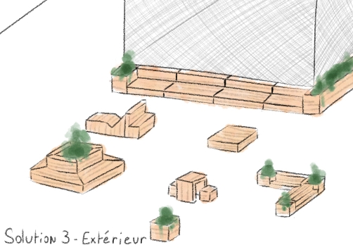 Croquis d'un espace composé uniquement de bancs en bois/palettes aux formes diverses telle qu'une chaise longue, deux tabourets avec une table, des bancs constituant le contour d'une installation de plante. Les plantes sont dans des grands bacs en bois.