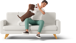 Illustration 3D d'un jeune homme jouant avec son chien dans le canapé