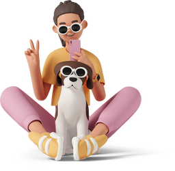 Illustration 3D d'une fille et son chien assis qui font la pose avec des lunettes de soleil.