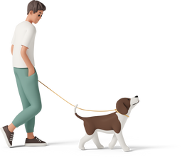 Illustration 3D d'un homme promenant son chien en laisse.